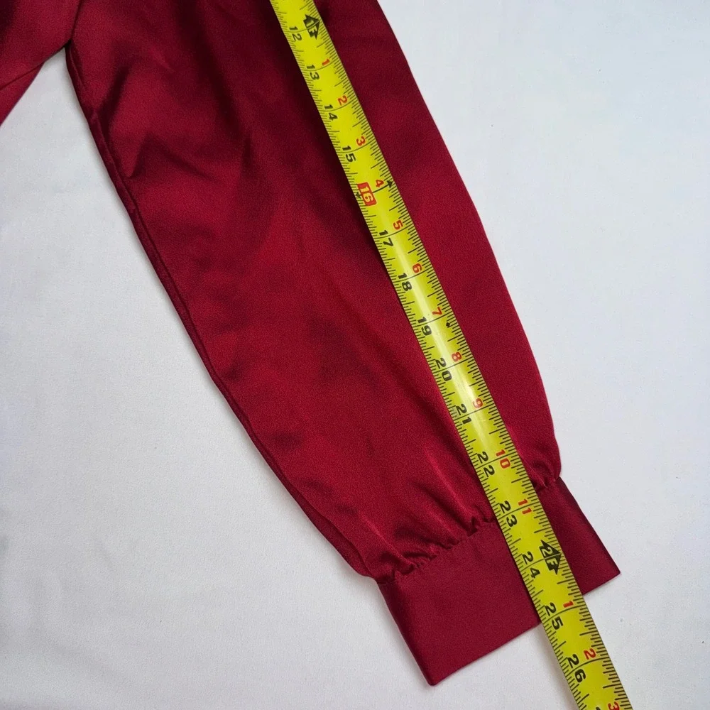 LOFT Womens Red Satin Puff Sleeve Dressy Blouse Crew Neck Keyhole Back Size L